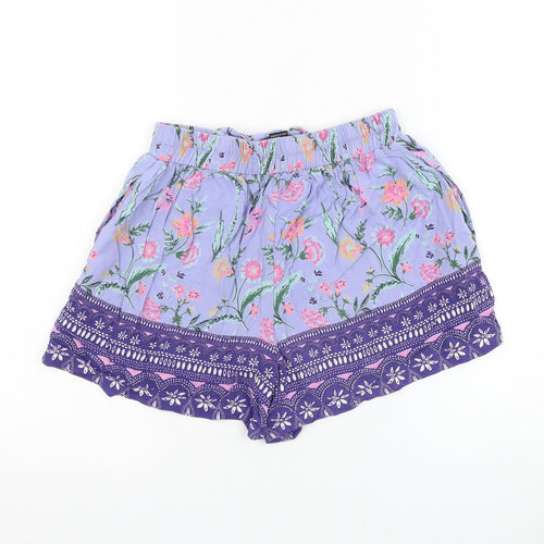 Angie Womens Purple Floral Polyester Hot Pants Shorts Size S L3 in Regular Drawstring