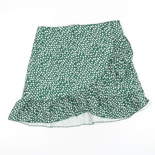 Preworn Womens Green Floral Polyester Skater Skirt Size 30 in Zip