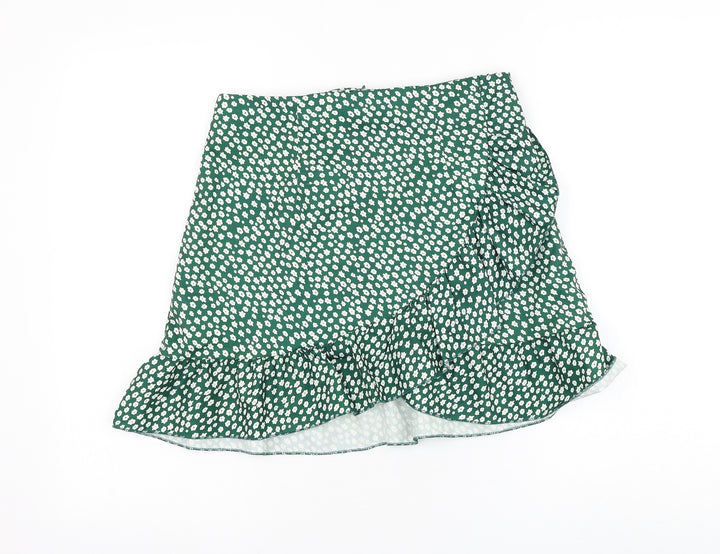Preworn Womens Green Floral Polyester Skater Skirt Size 30 in Zip