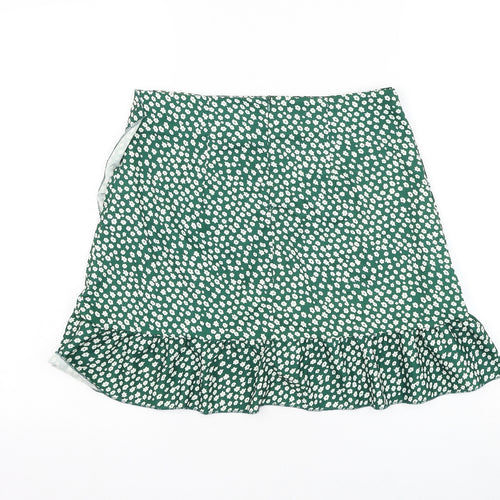Preworn Womens Green Floral Polyester Skater Skirt Size 30 in Zip