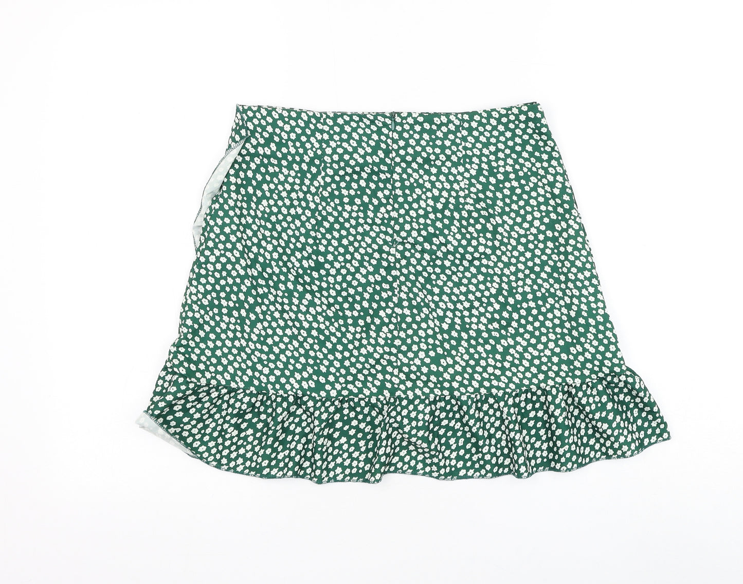 Preworn Womens Green Floral Polyester Skater Skirt Size 30 in Zip