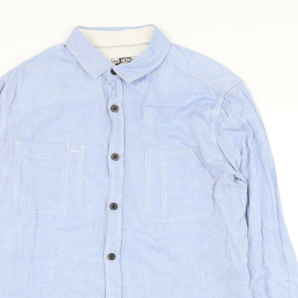Red Herring Mens Blue Cotton Button-Up Size L Collared Button