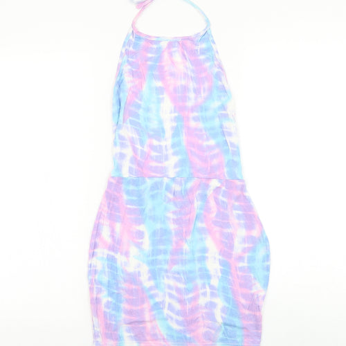 PRETTYLITTLETHING Womens Multicoloured Geometric Viscose Tank Dress Size 6 Halter Tie - Scoop Back