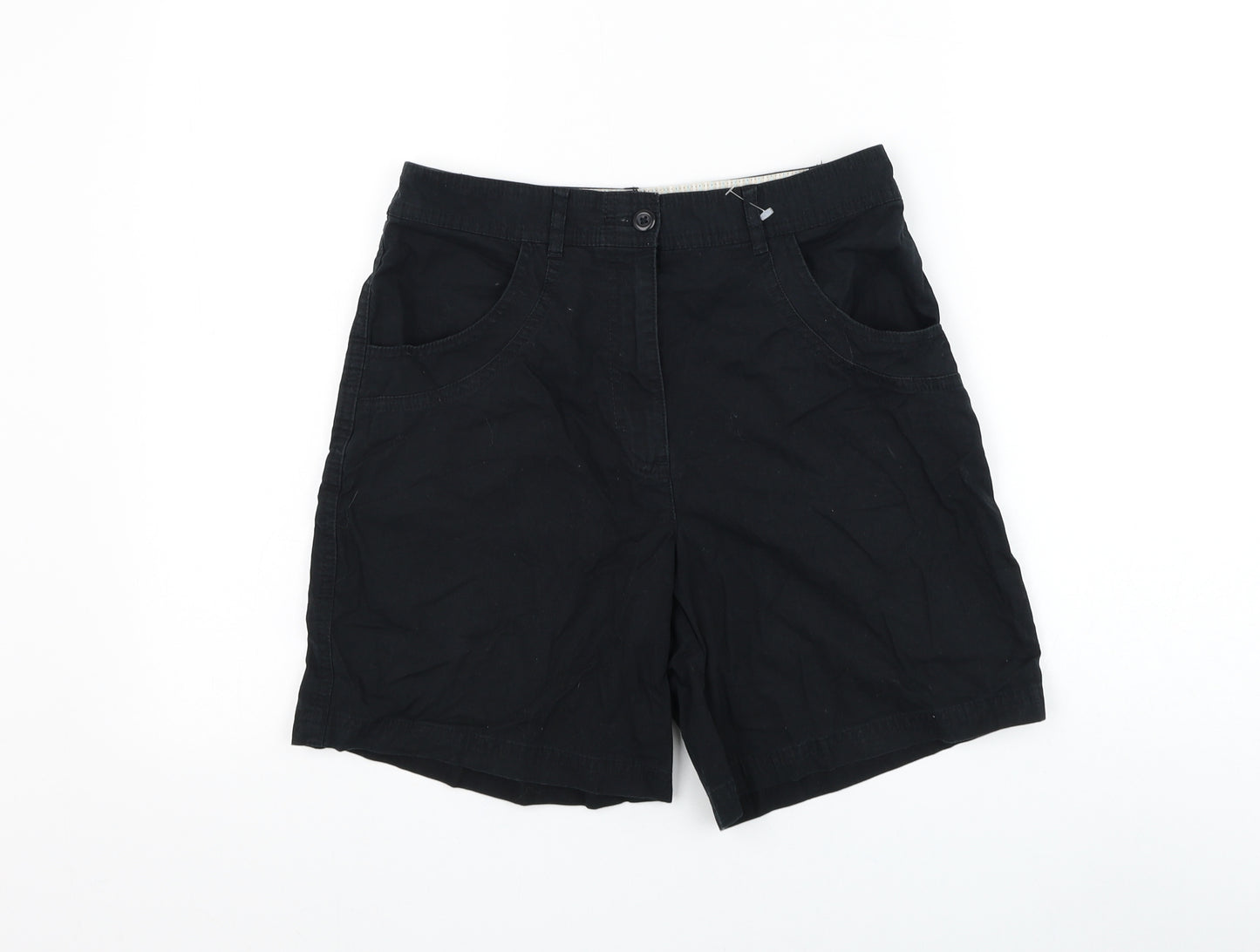 Marks and Spencer Womens Black Cotton Chino Shorts Size 8 L8 in Regular Zip