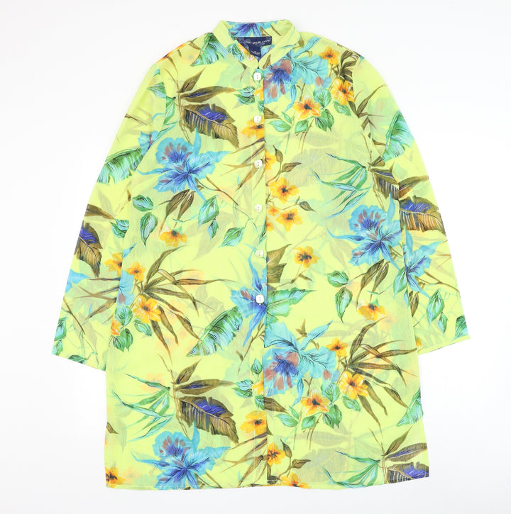 Susan Graver Womens Yellow Floral Polyester Shirt Dress Size M Round Neck Button