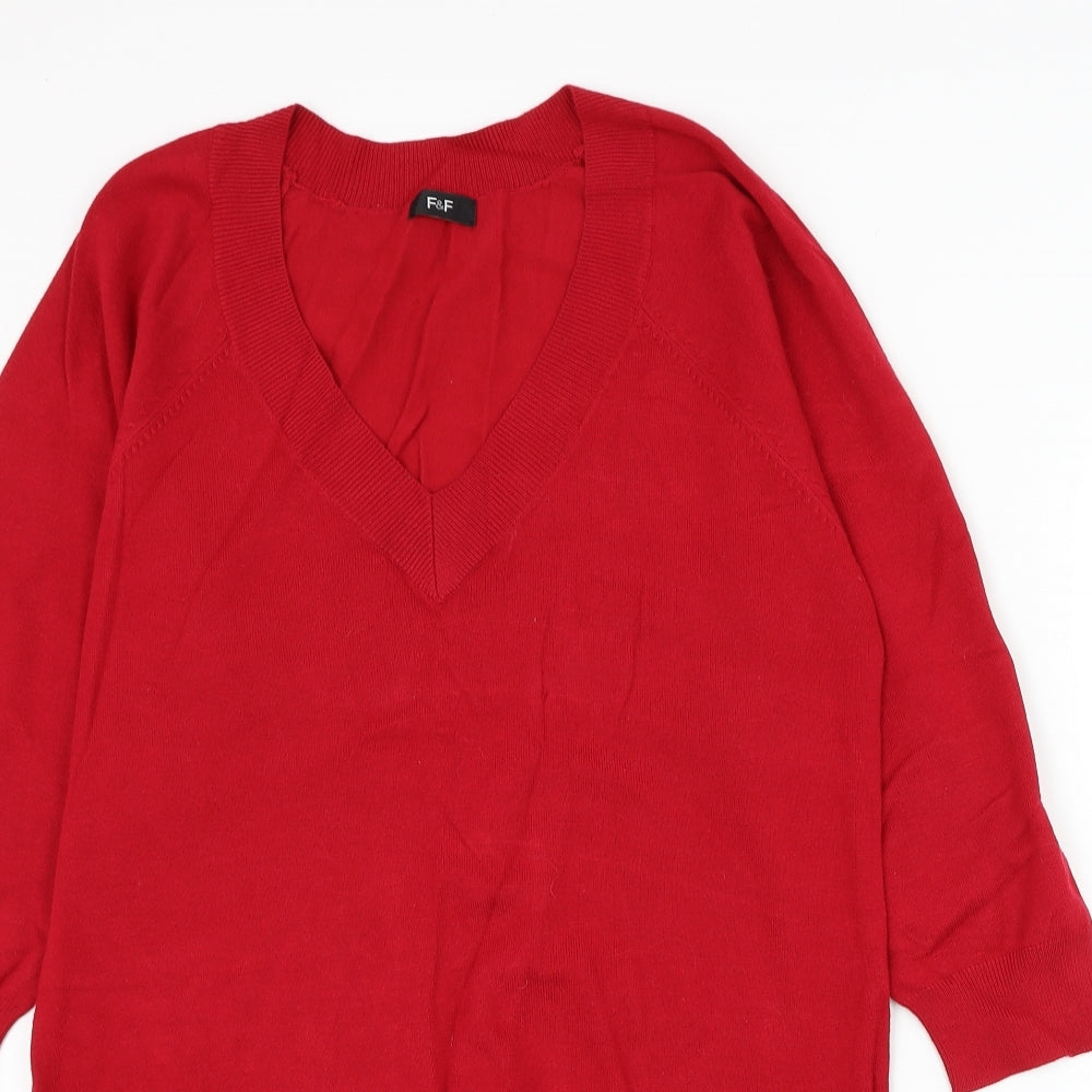 F&F Womens Red V-Neck Viscose Pullover Jumper Size 14