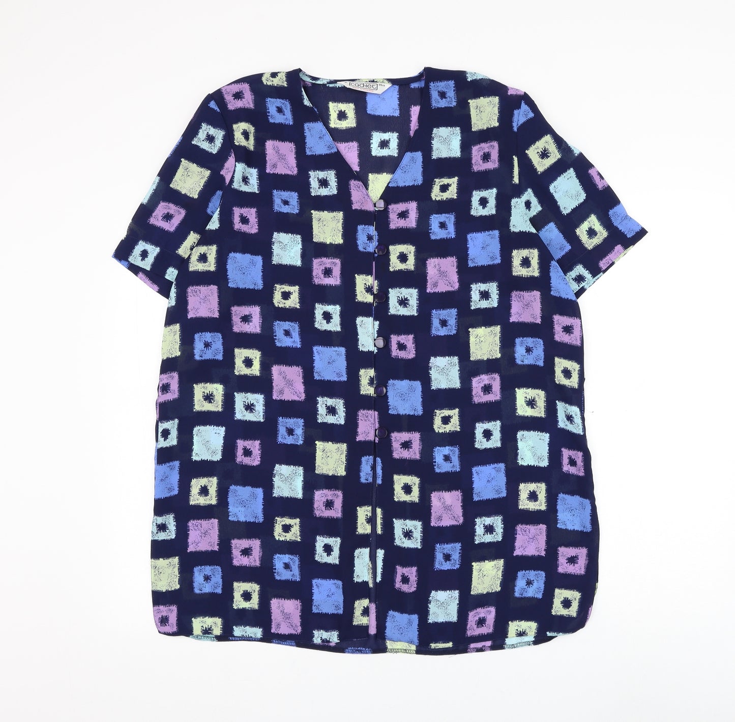 Cachet Womens Blue Geometric Polyester Basic Button-Up Size 16 V-Neck