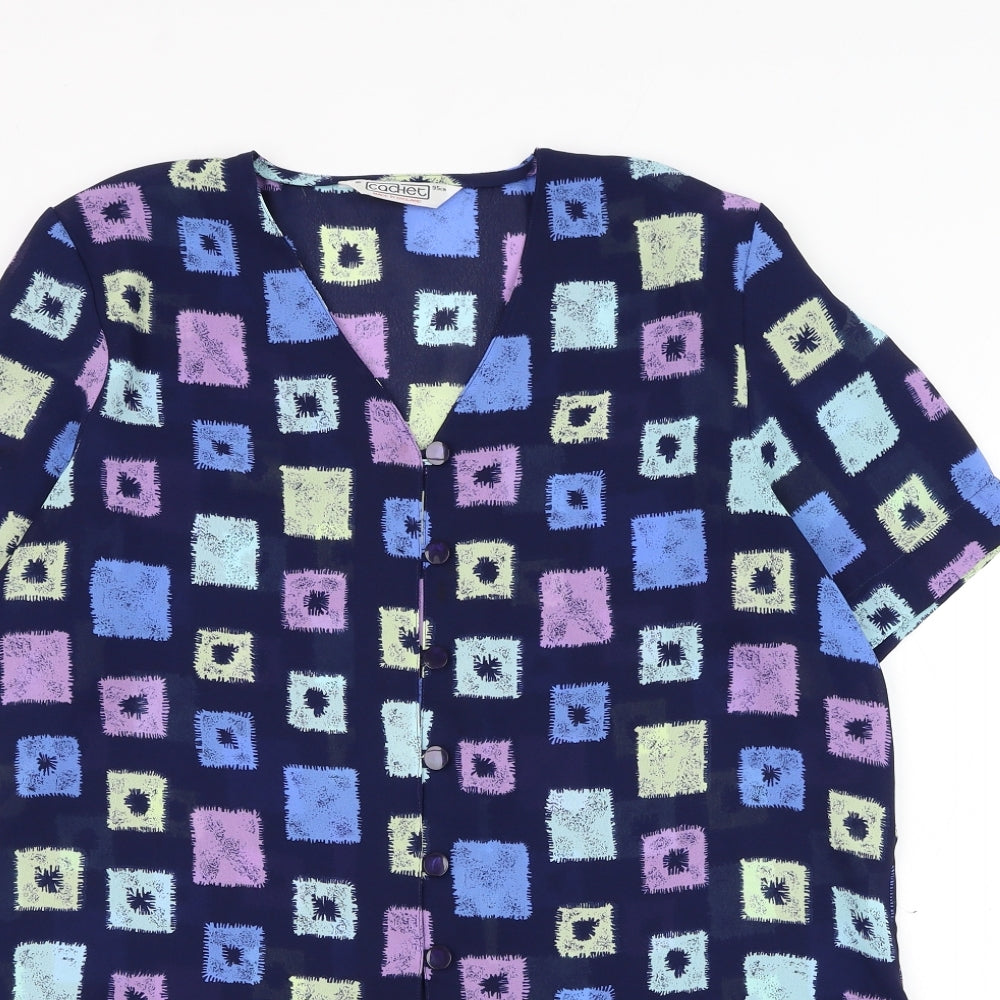 Cachet Womens Blue Geometric Polyester Basic Button-Up Size 16 V-Neck