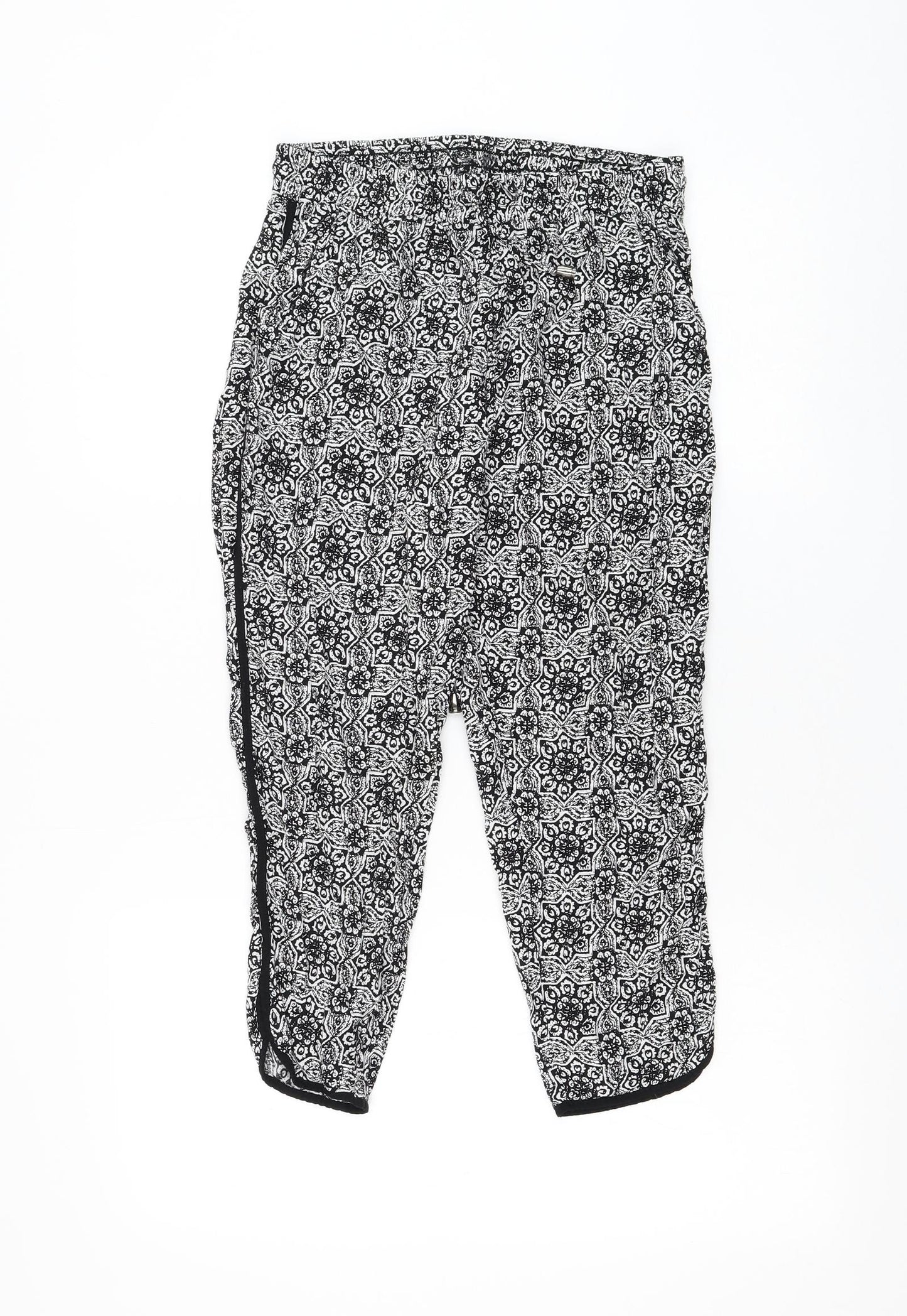 Select Womens Black Geometric Viscose Cropped Trousers Size 10 L20 in Regular Drawstring