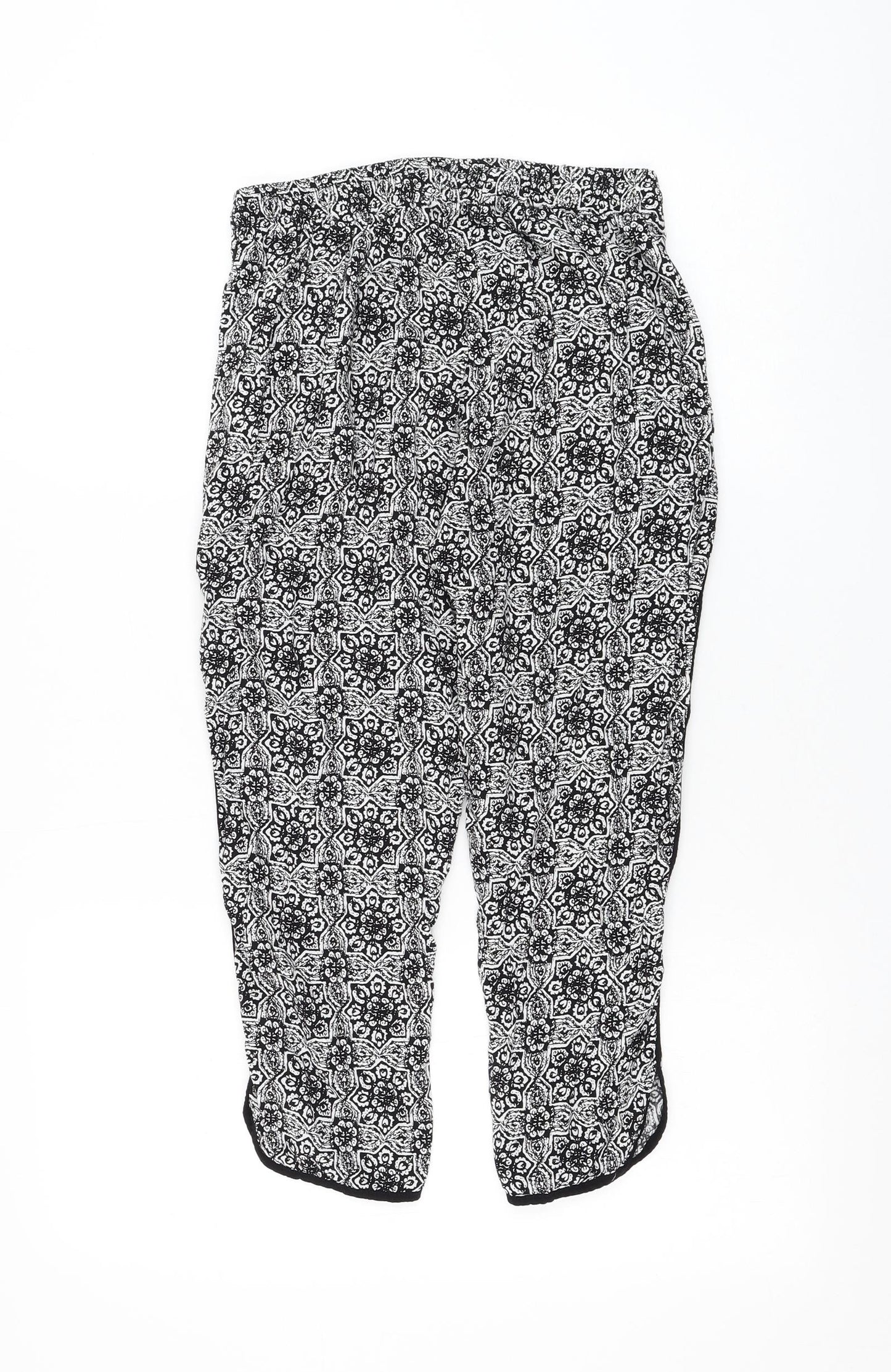 Select Womens Black Geometric Viscose Cropped Trousers Size 10 L20 in Regular Drawstring