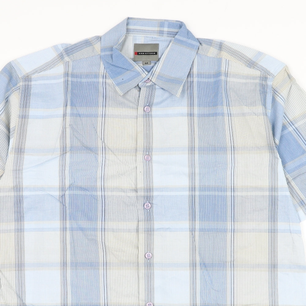 Ciro Citterio Mens Blue Check Cotton Button-Up Size M Collared Button