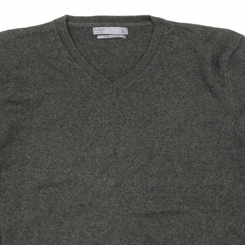 Marks and Spencer Mens Green V-Neck Cotton Pullover Jumper Size L