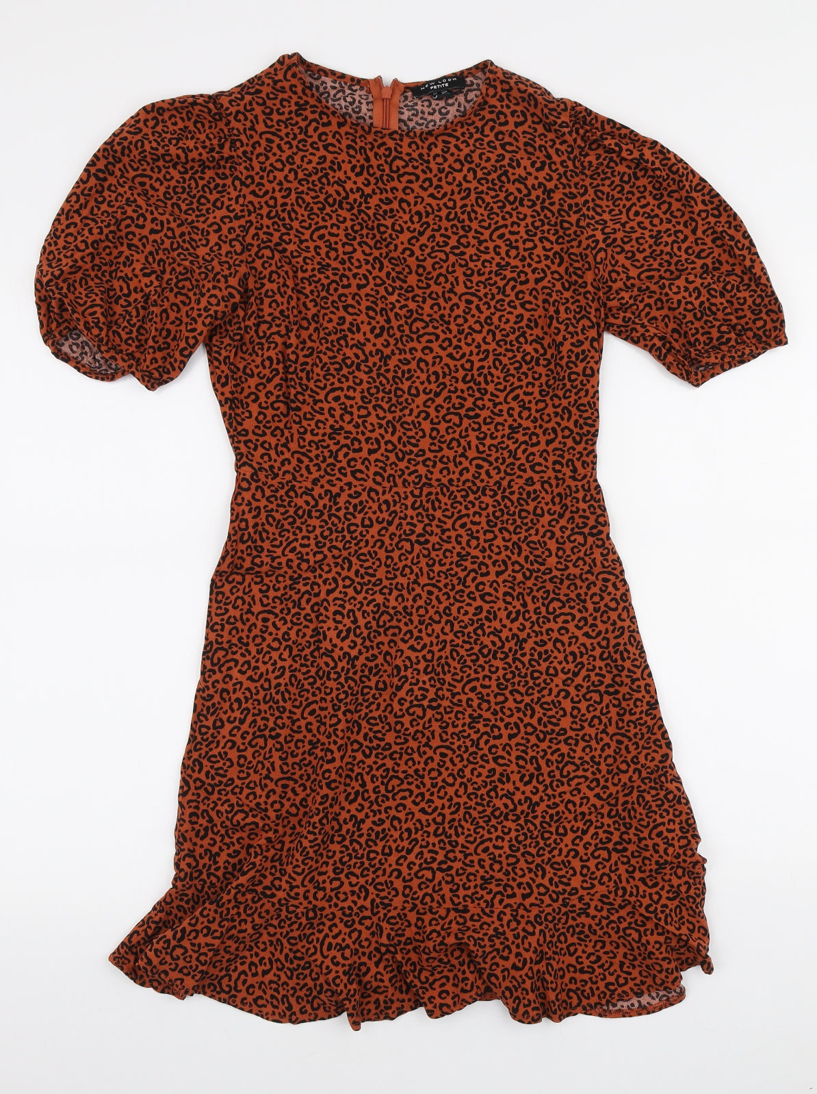 New Look Womens Orange Animal Print Viscose Skater Dress Size 8 Round Neck Zip