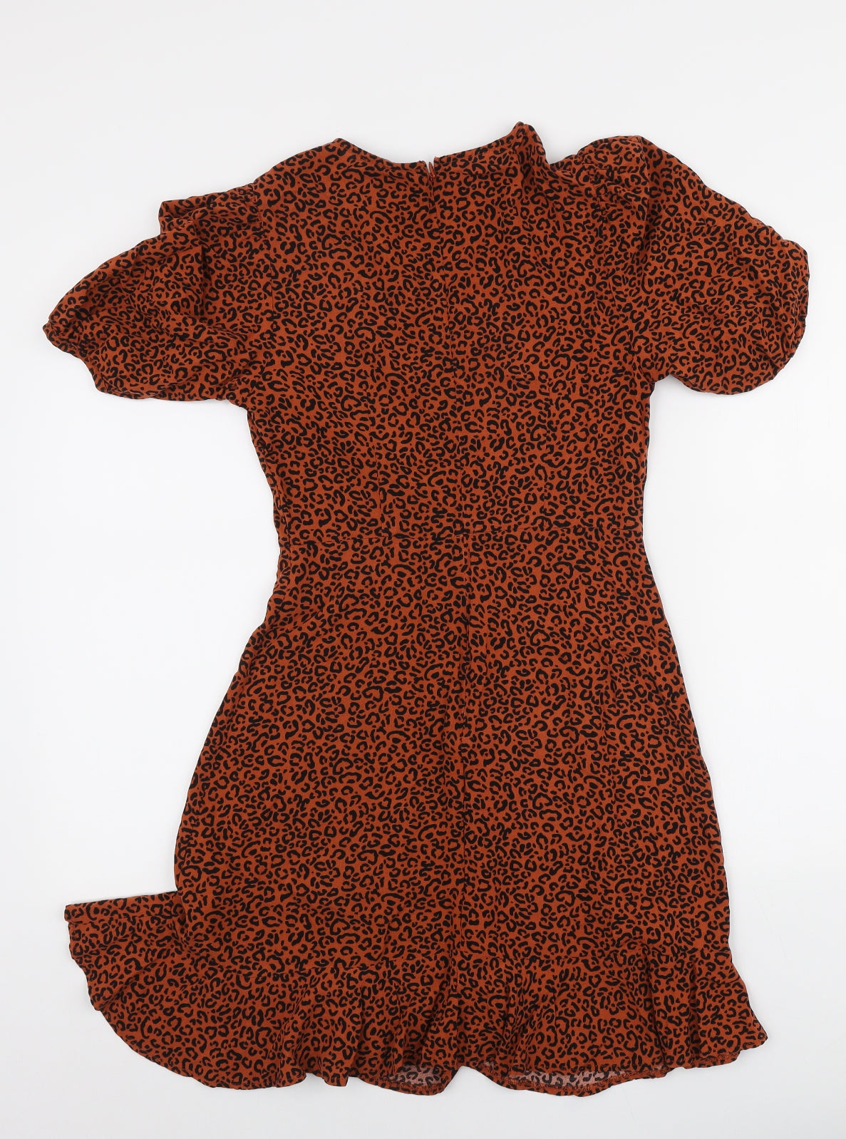 New Look Womens Orange Animal Print Viscose Skater Dress Size 8 Round Neck Zip