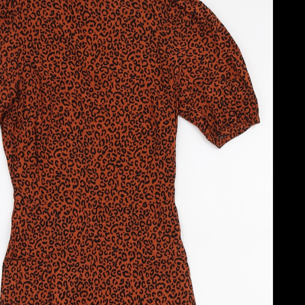 New Look Womens Orange Animal Print Viscose Skater Dress Size 8 Round Neck Zip