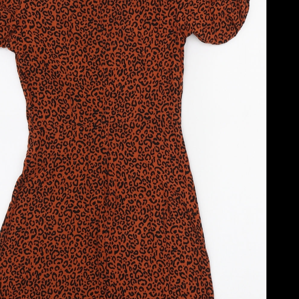 New Look Womens Orange Animal Print Viscose Skater Dress Size 8 Round Neck Zip