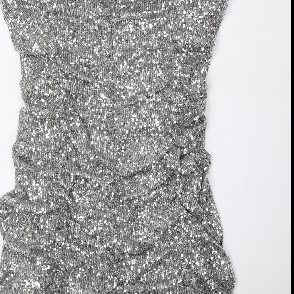 Zara Womens Silver Polyester Bodycon Size XL Off the Shoulder Pullover - Elasticated bust