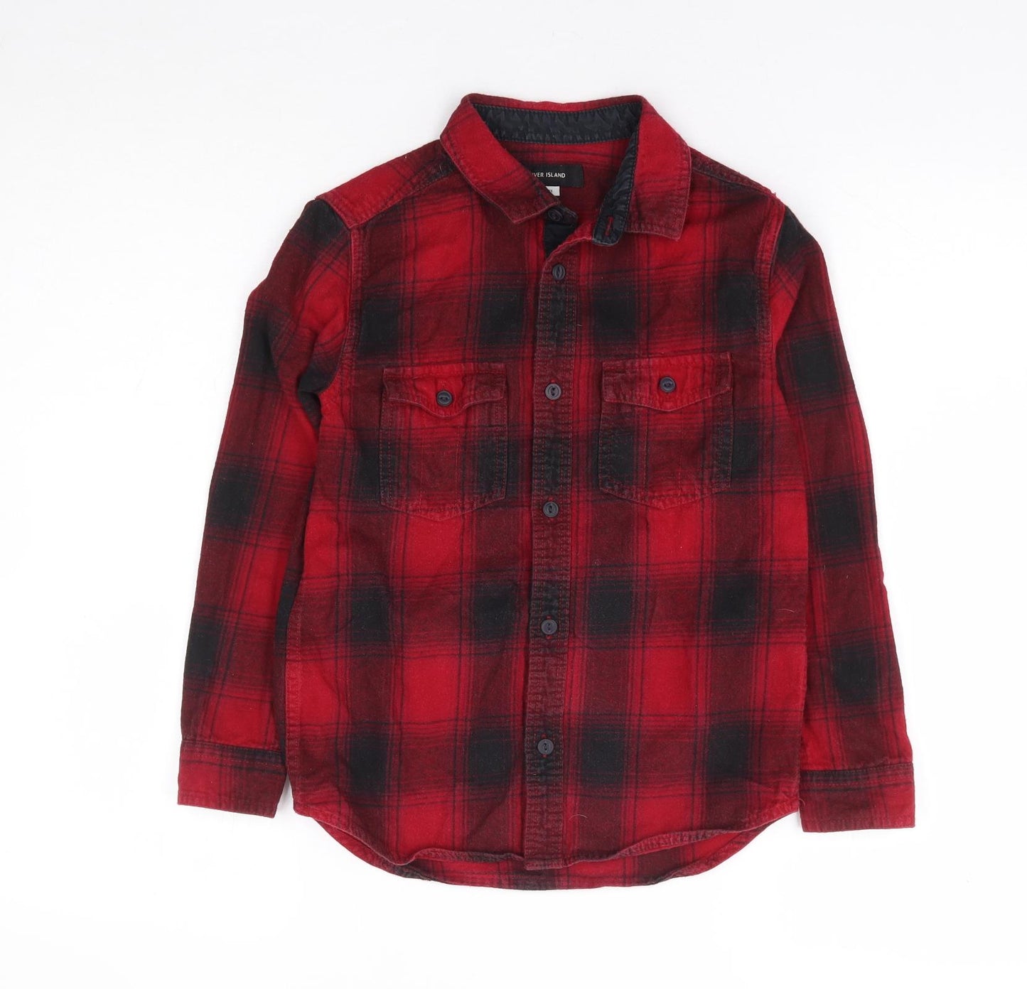 River Island Boys Red Plaid 100% Cotton Basic Button-Up Size 9 Years Collared Button
