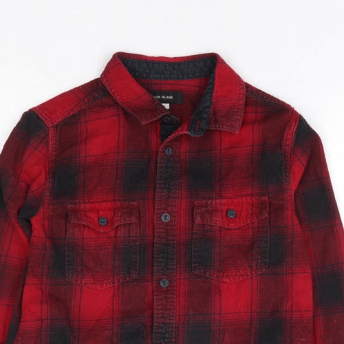 River Island Boys Red Plaid 100% Cotton Basic Button-Up Size 9 Years Collared Button