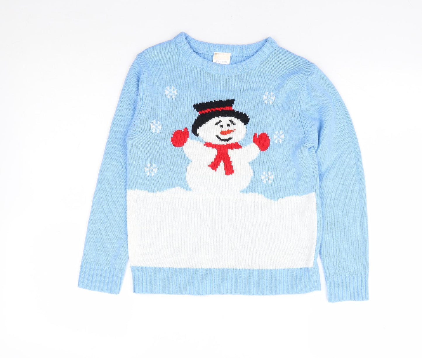 Festive Friends Girls Blue Round Neck Acrylic Pullover Jumper Size 7-8 Years Pullover - Christmas Snowman