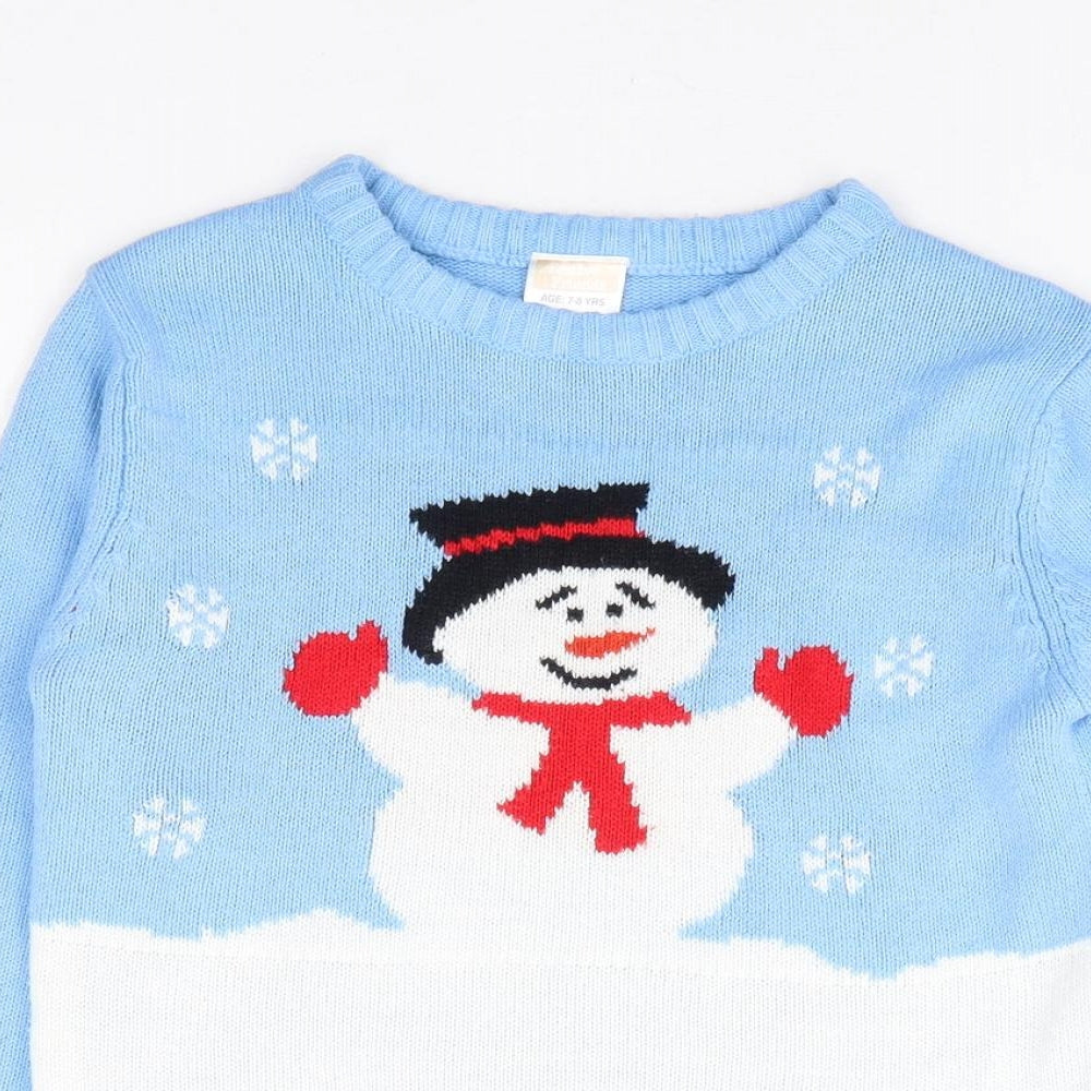 Festive Friends Girls Blue Round Neck Acrylic Pullover Jumper Size 7-8 Years Pullover - Christmas Snowman