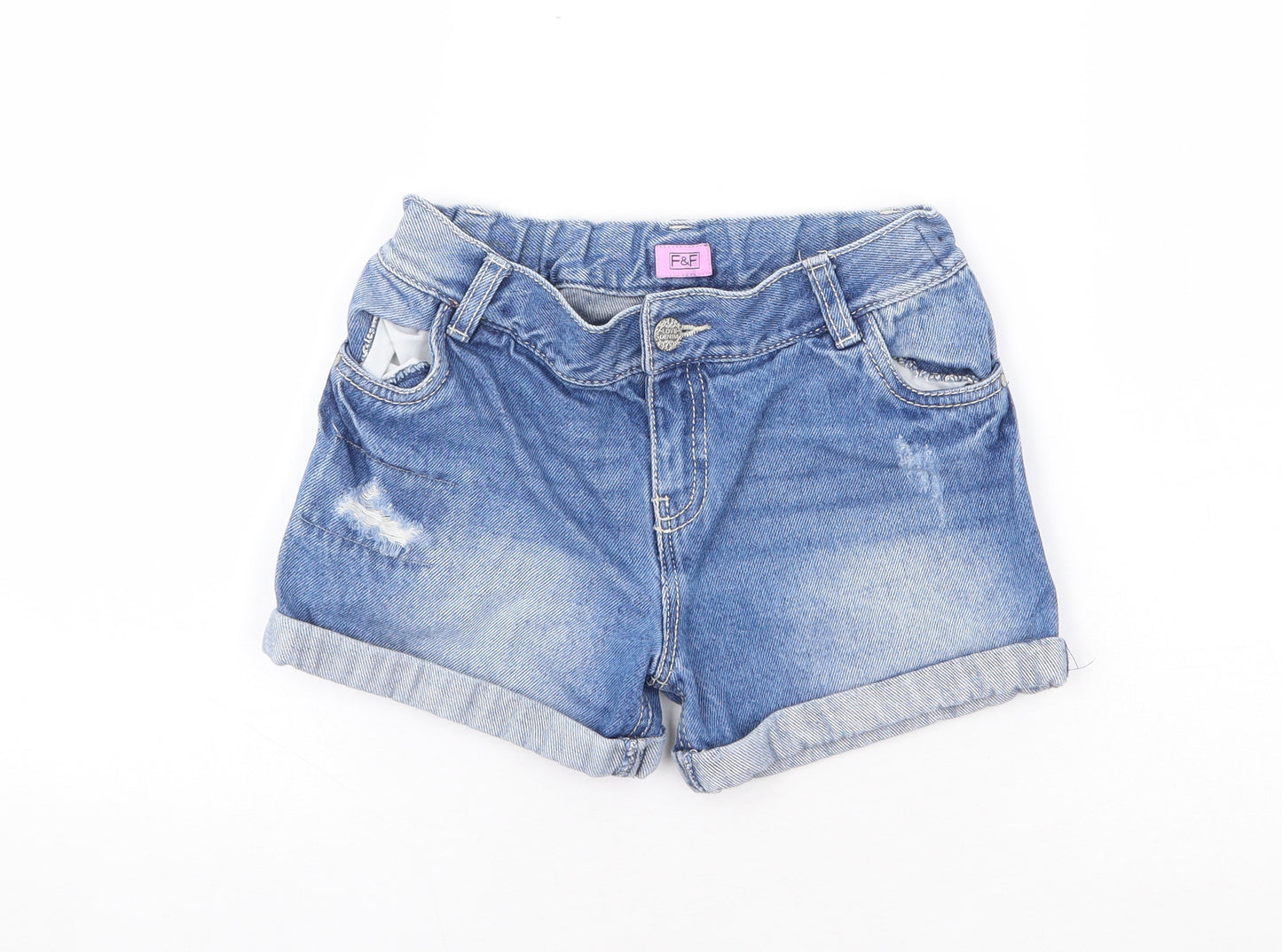 F&F Girls Blue Cotton Hot Pants Shorts Size 9-10 Years Regular Zip - Distressed
