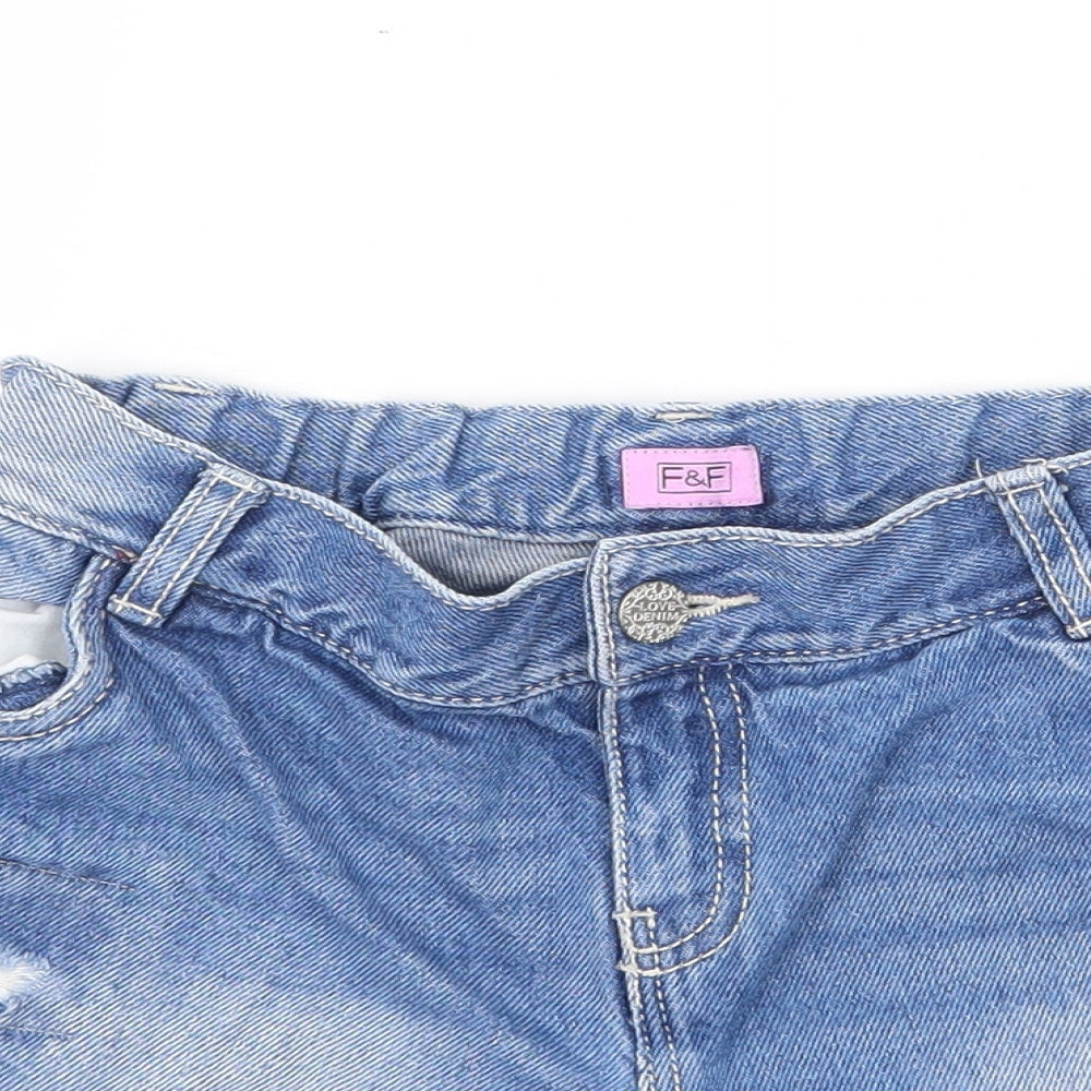 F&F Girls Blue Cotton Hot Pants Shorts Size 9-10 Years Regular Zip - Distressed