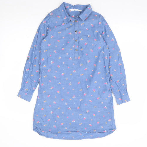 H&M Girls Blue Floral 100% Cotton Shift Size 9-10 Years Collared Button