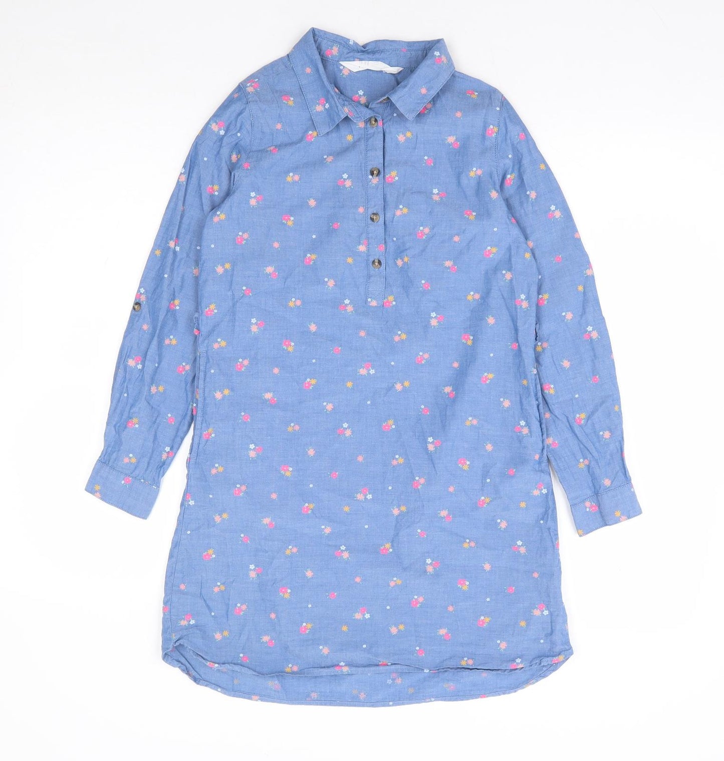 H&M Girls Blue Floral 100% Cotton Shift Size 9-10 Years Collared Button