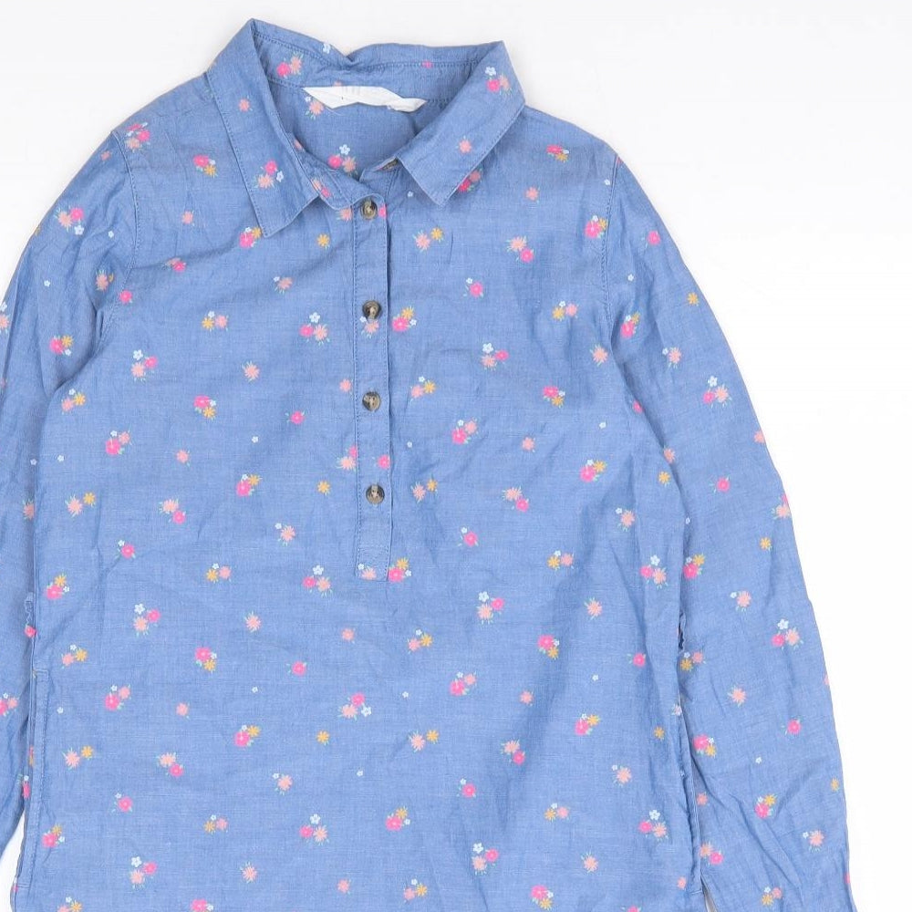 H&M Girls Blue Floral 100% Cotton Shift Size 9-10 Years Collared Button