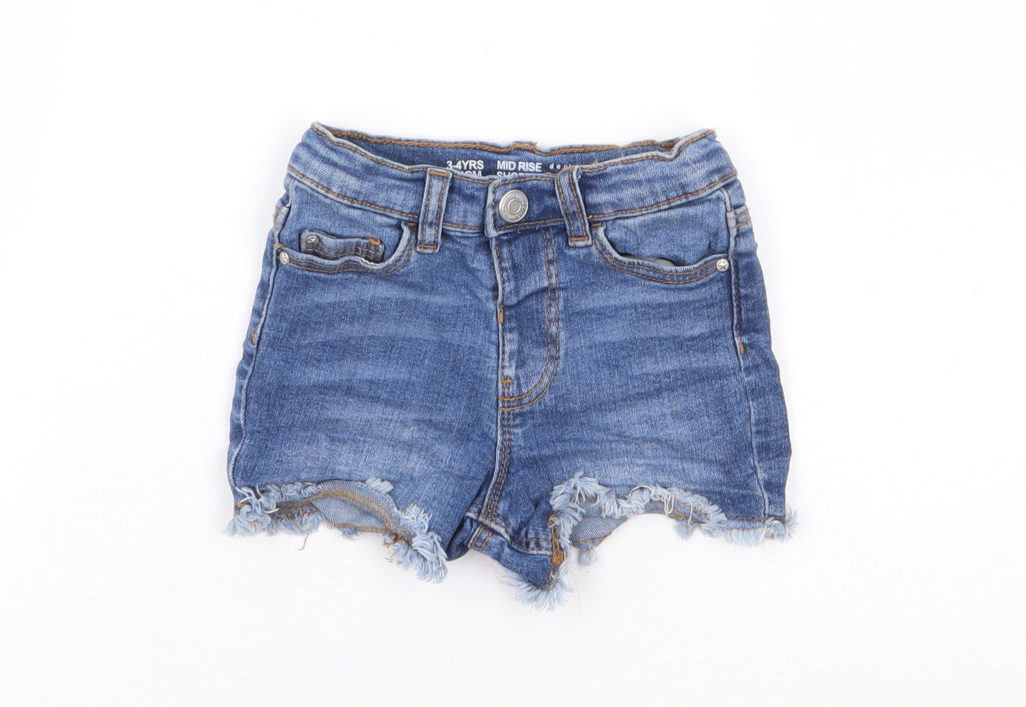 Primark Girls Blue Cotton Hot Pants Shorts Size 3-4 Years Regular Snap - Distressed Hems