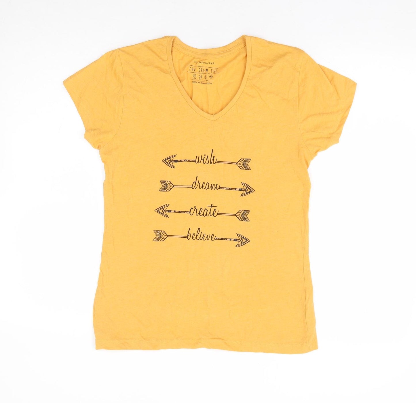 Primark Womens Yellow Cotton Basic T-Shirt Size 10 V-Neck - Wish Dream Create Believe