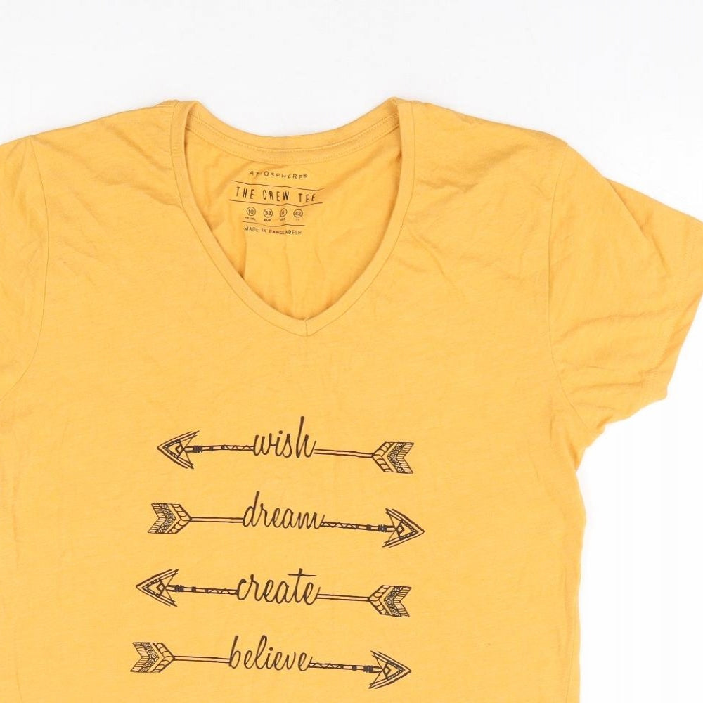 Primark Womens Yellow Cotton Basic T-Shirt Size 10 V-Neck - Wish Dream Create Believe