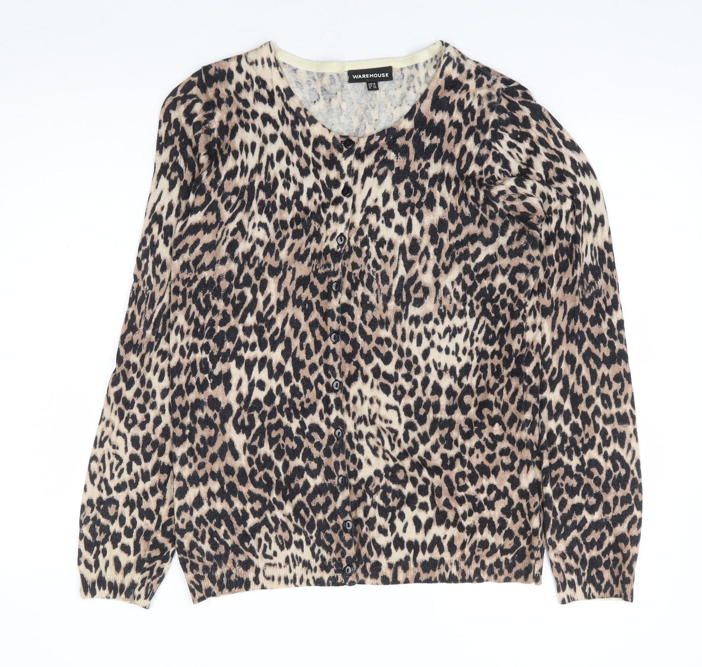 Warehouse Womens Brown Round Neck Animal Print Cotton Cardigan Jumper Size 14 - Leopard Print