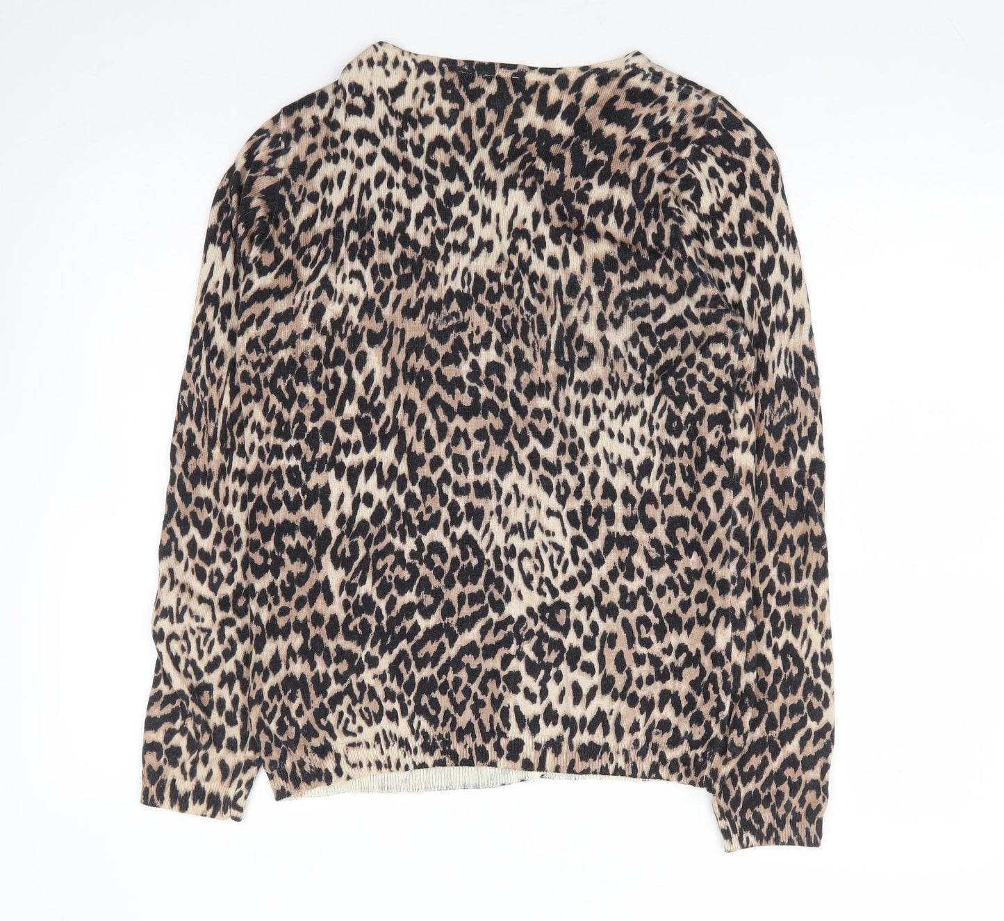 Warehouse Womens Brown Round Neck Animal Print Cotton Cardigan Jumper Size 14 - Leopard Print