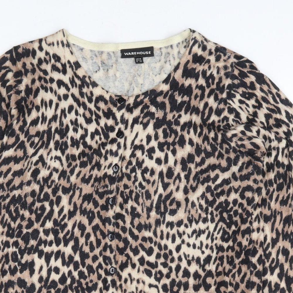 Warehouse Womens Brown Round Neck Animal Print Cotton Cardigan Jumper Size 14 - Leopard Print