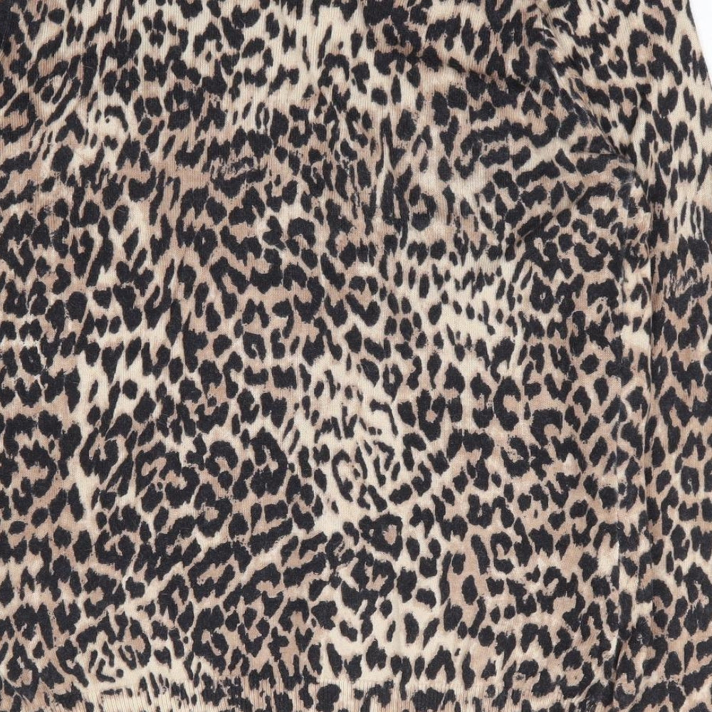 Warehouse Womens Brown Round Neck Animal Print Cotton Cardigan Jumper Size 14 - Leopard Print
