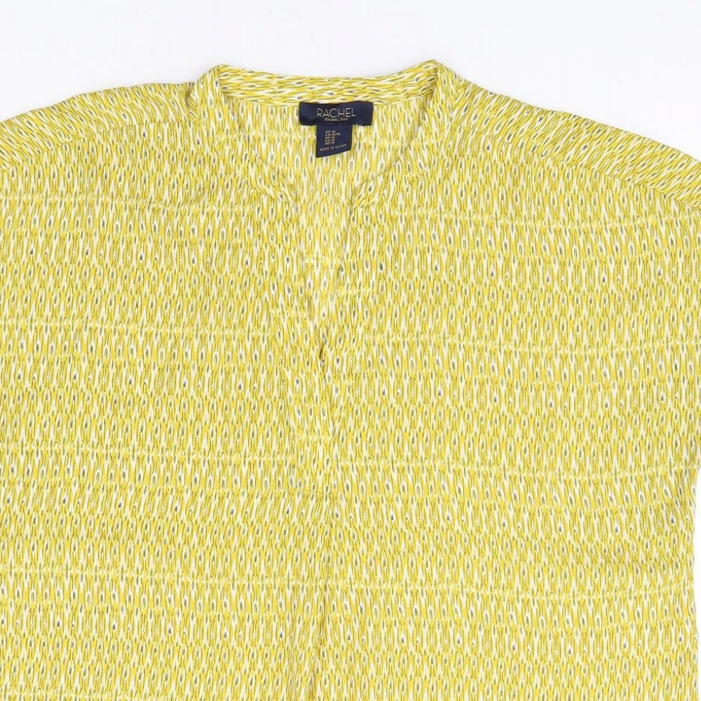 Rachel Rov Womens Yellow Geometric Polyester Basic Blouse Size M V-Neck
