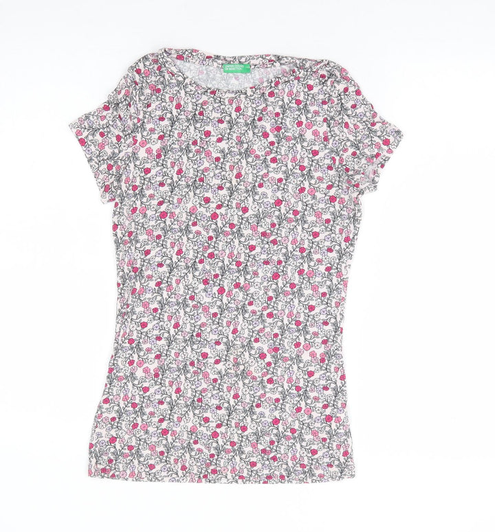 United Colors of Benetton Womens Multicoloured Floral Viscose Basic T-Shirt Size XS Round Neck