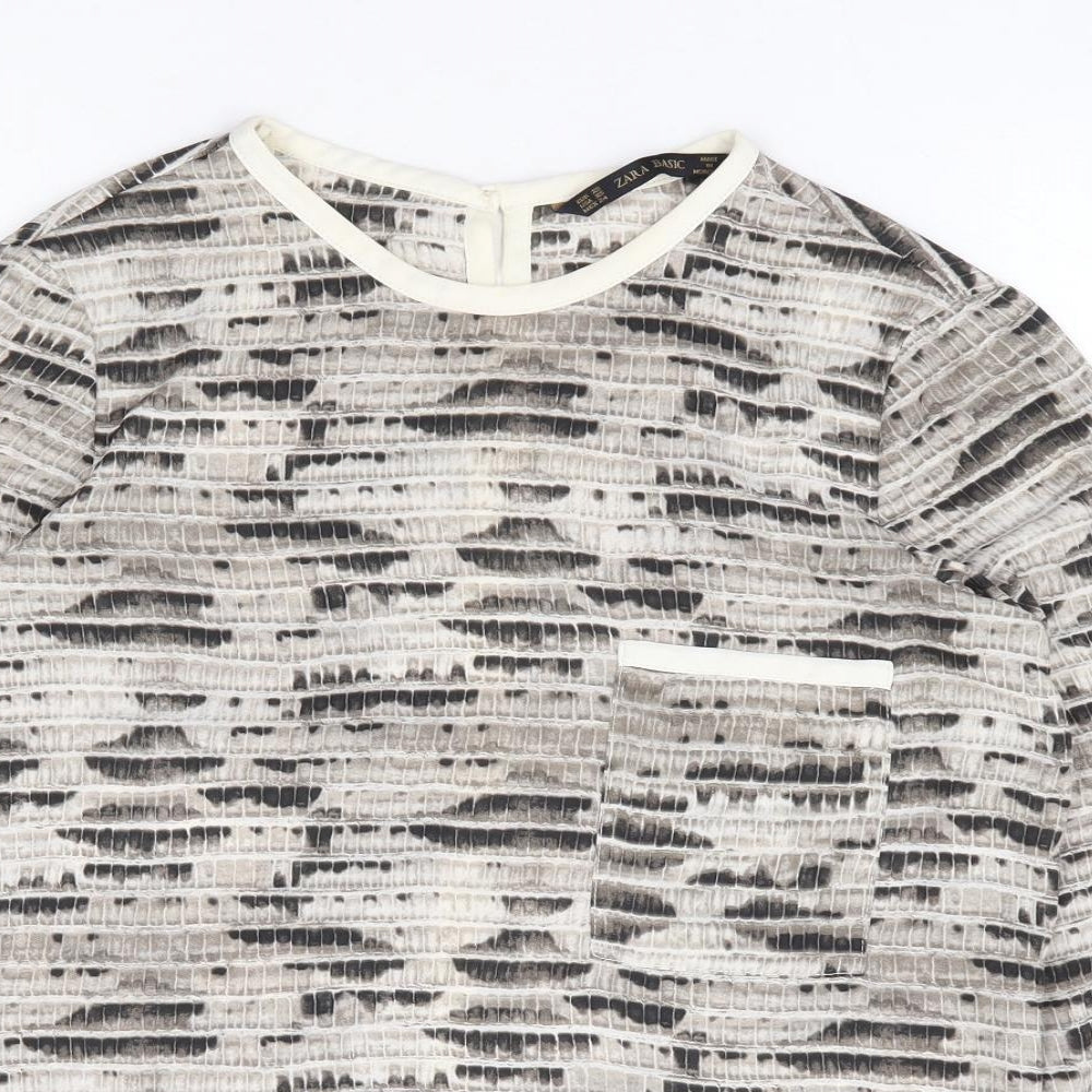 Zara Womens Beige Animal Print Polyester Basic Blouse Size XS Round Neck - Snake Print