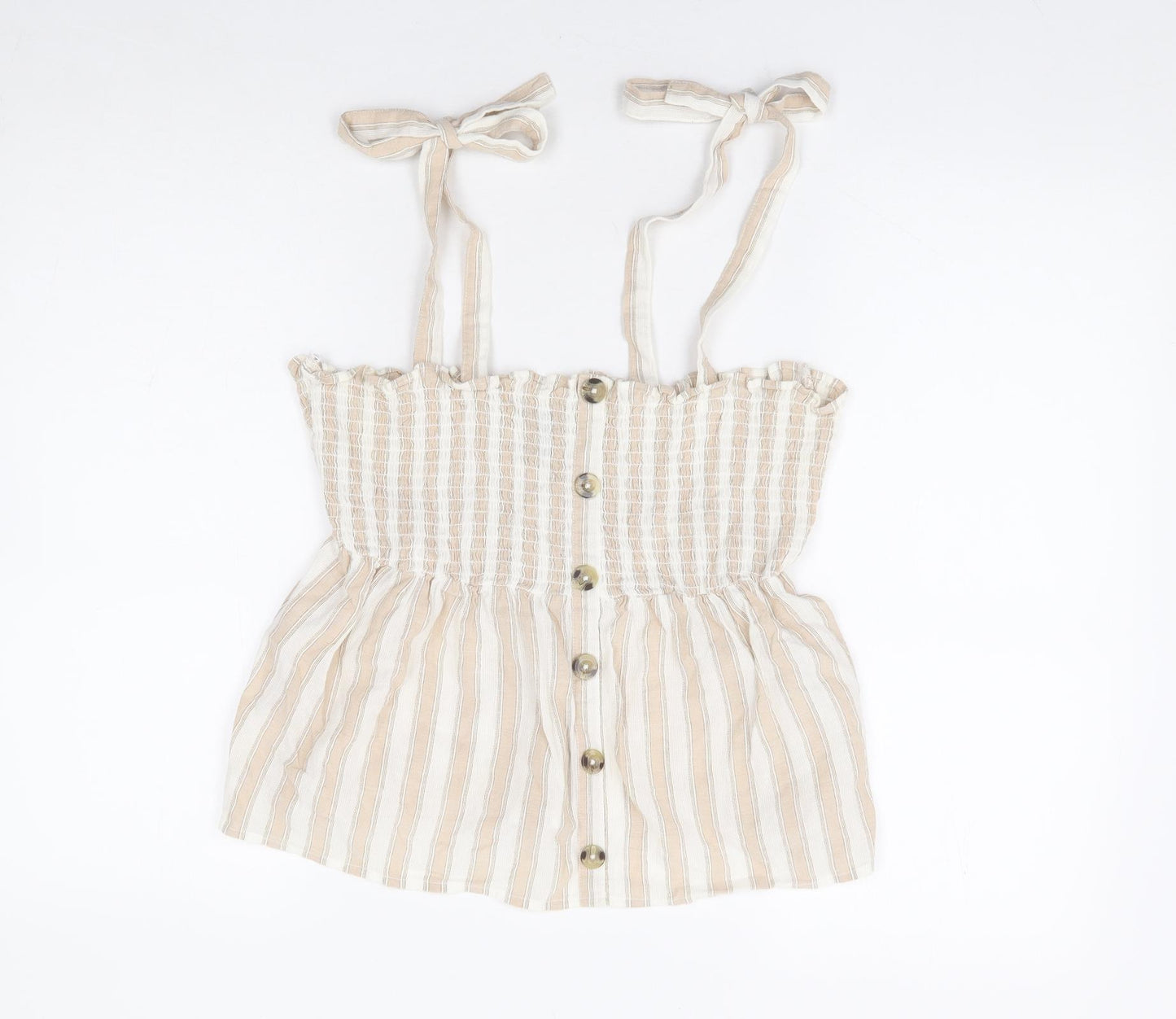 Primark Womens Beige Striped 100% Cotton Camisole Tank Size 12 Square Neck - Peplum