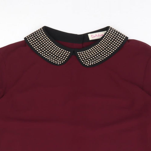 Dahlia Womens Red Polyester Basic Blouse Size L Collared