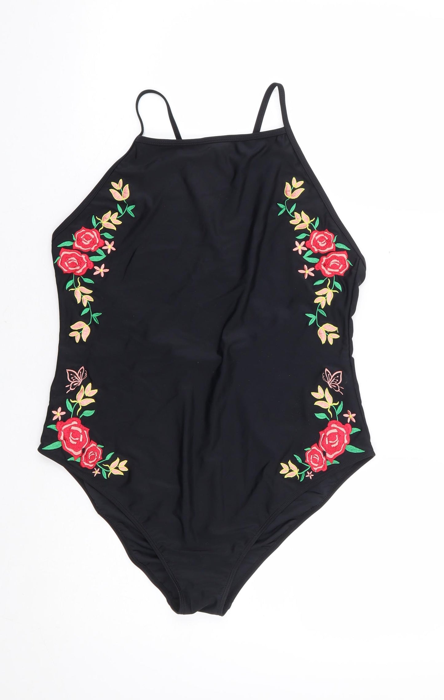 Boohoo Womens Black Floral Polyamide One Piece Size 14 - Cross Back