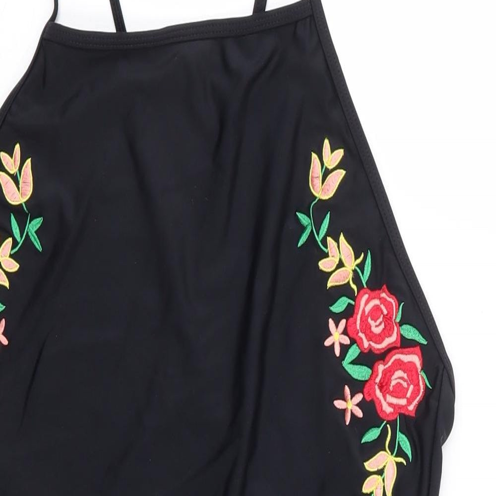 Boohoo Womens Black Floral Polyamide One Piece Size 14 - Cross Back