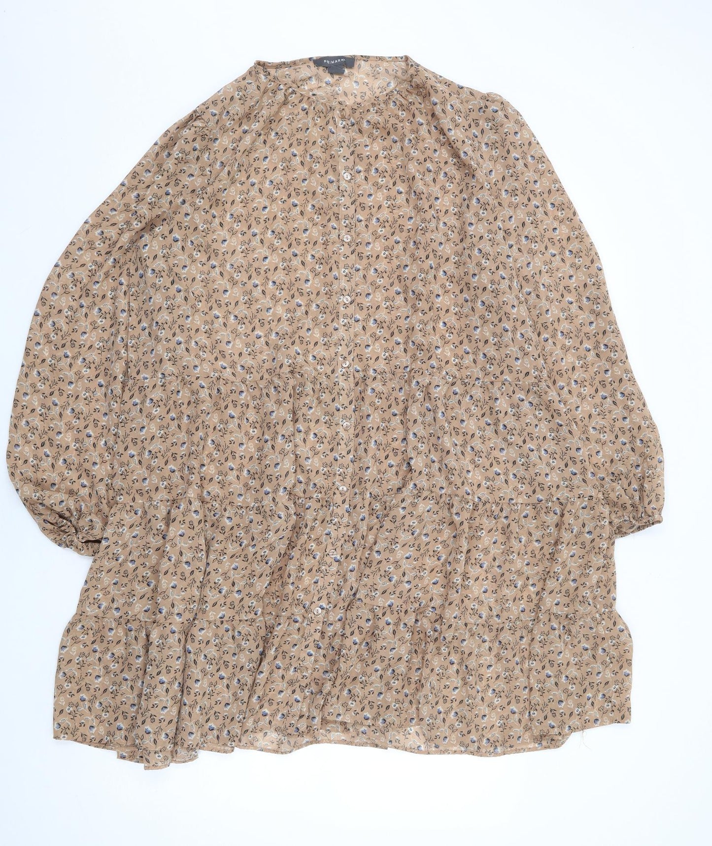 Primark Womens Beige Floral Polyester A-Line Size 20 Round Neck Button - Tiered Smock