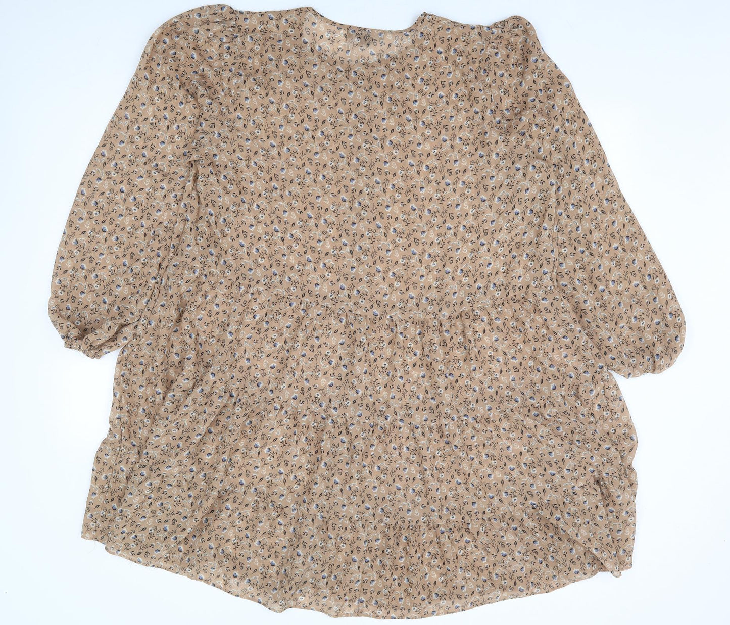 Primark Womens Beige Floral Polyester A-Line Size 20 Round Neck Button - Tiered Smock