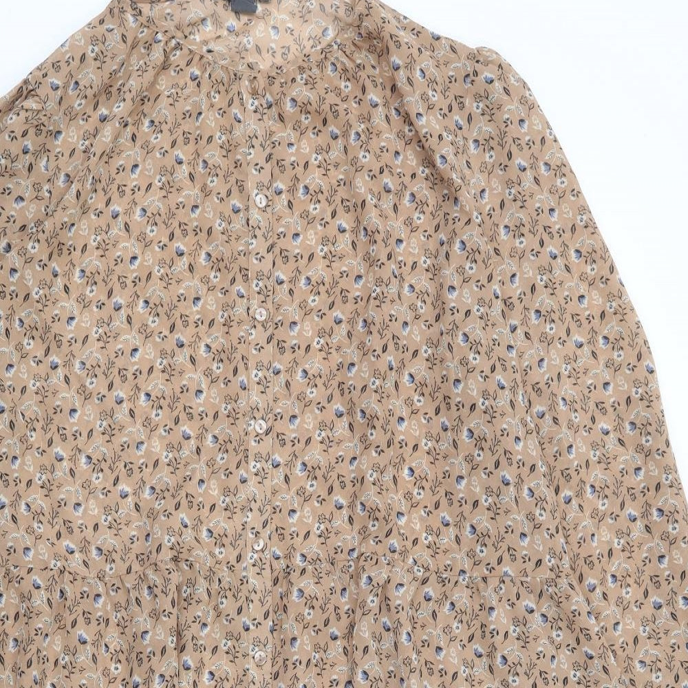 Primark Womens Beige Floral Polyester A-Line Size 20 Round Neck Button - Tiered Smock