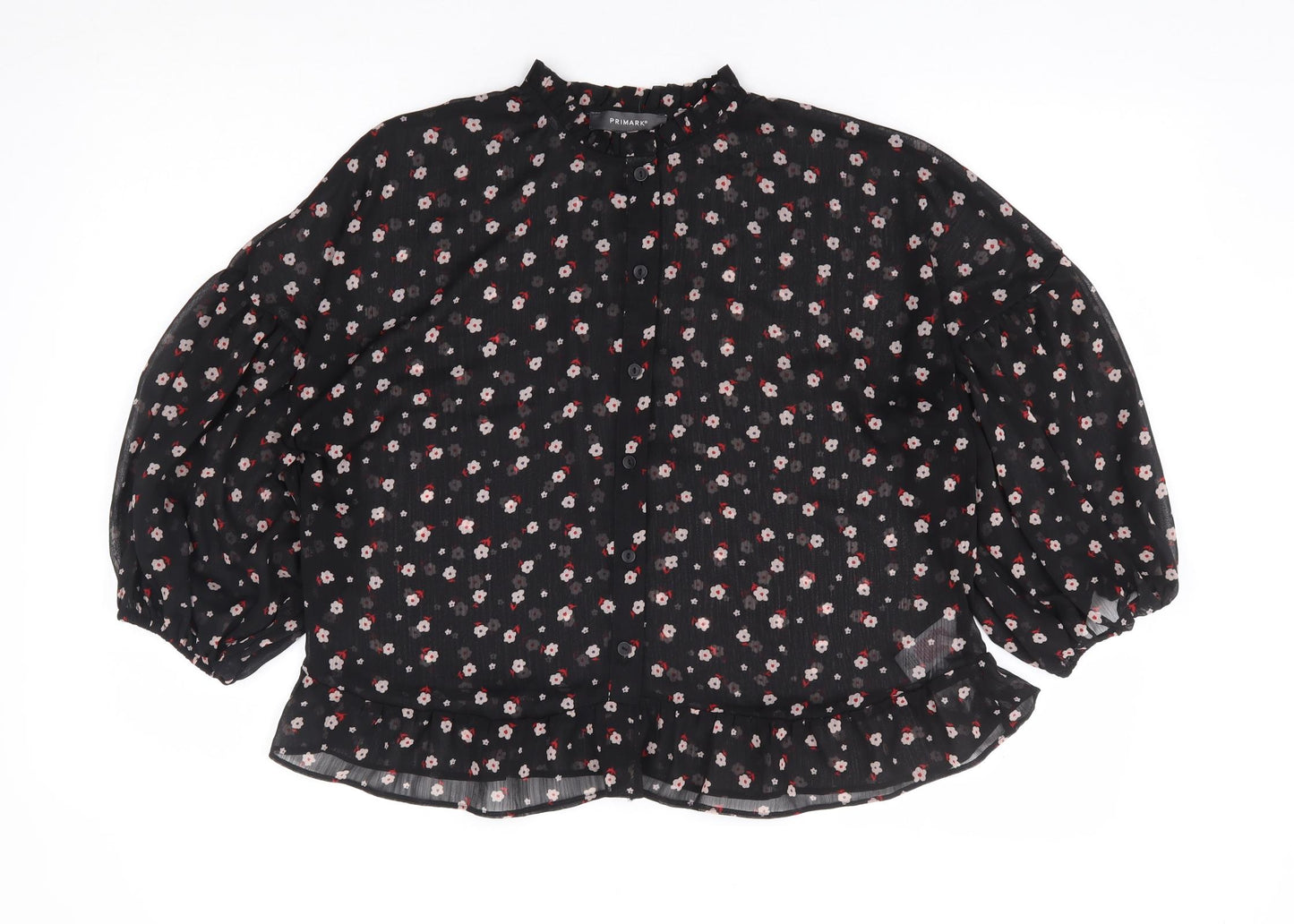 Primark Womens Black Floral Polyester Basic Blouse Size 10 Crew Neck