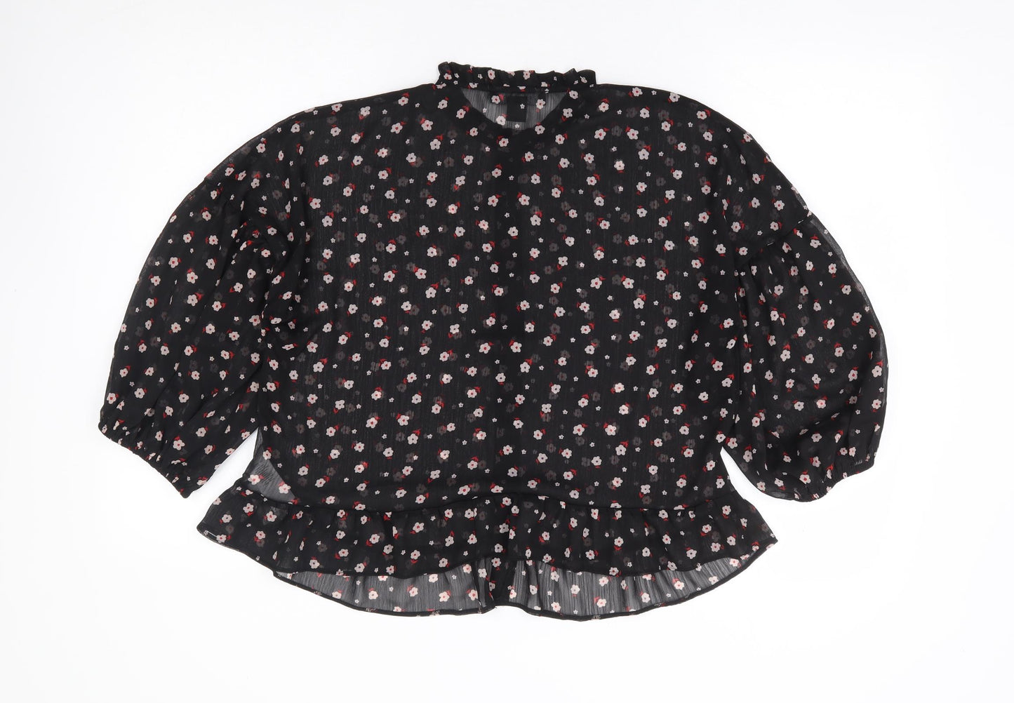 Primark Womens Black Floral Polyester Basic Blouse Size 10 Crew Neck