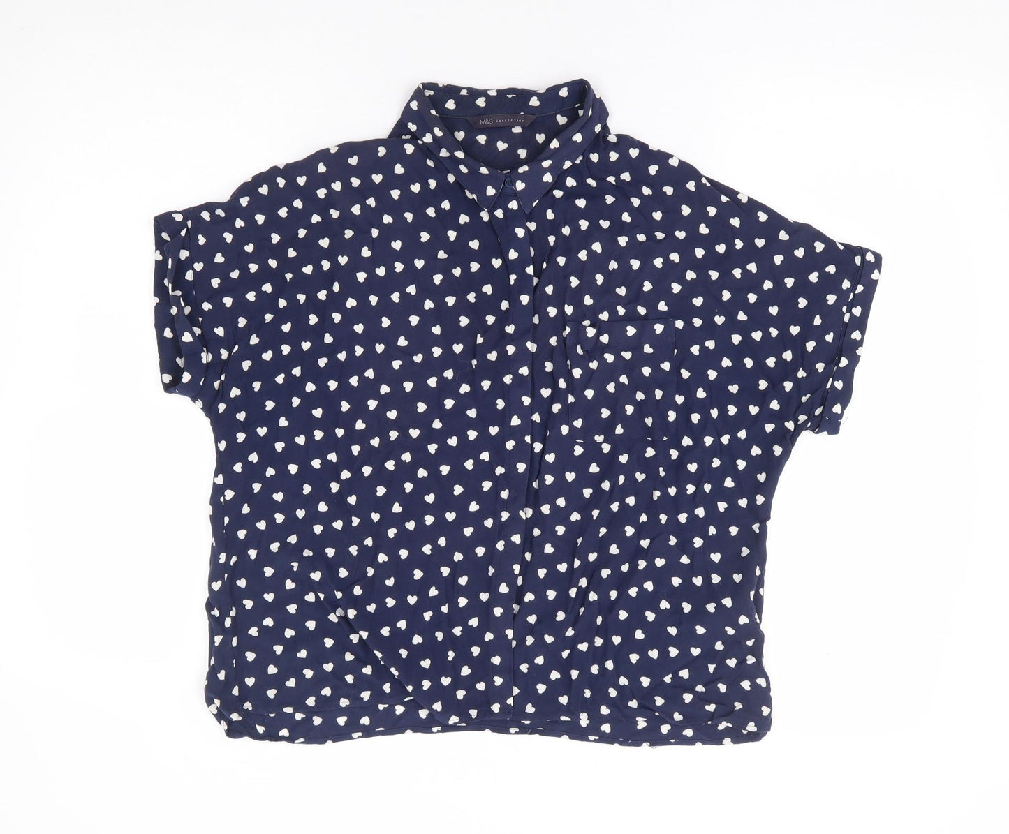 Marks and Spencer Womens Blue Geometric Viscose Basic Button-Up Size 14 Collared - Heart Print Box Fit